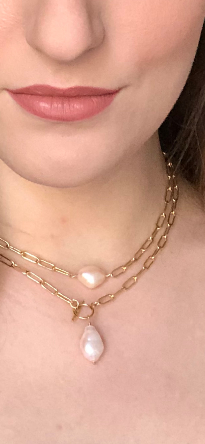 Pearl on large gold filled paperclip chain