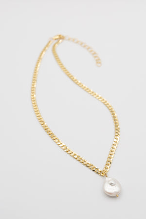 pearl drop on gold filled curb chain